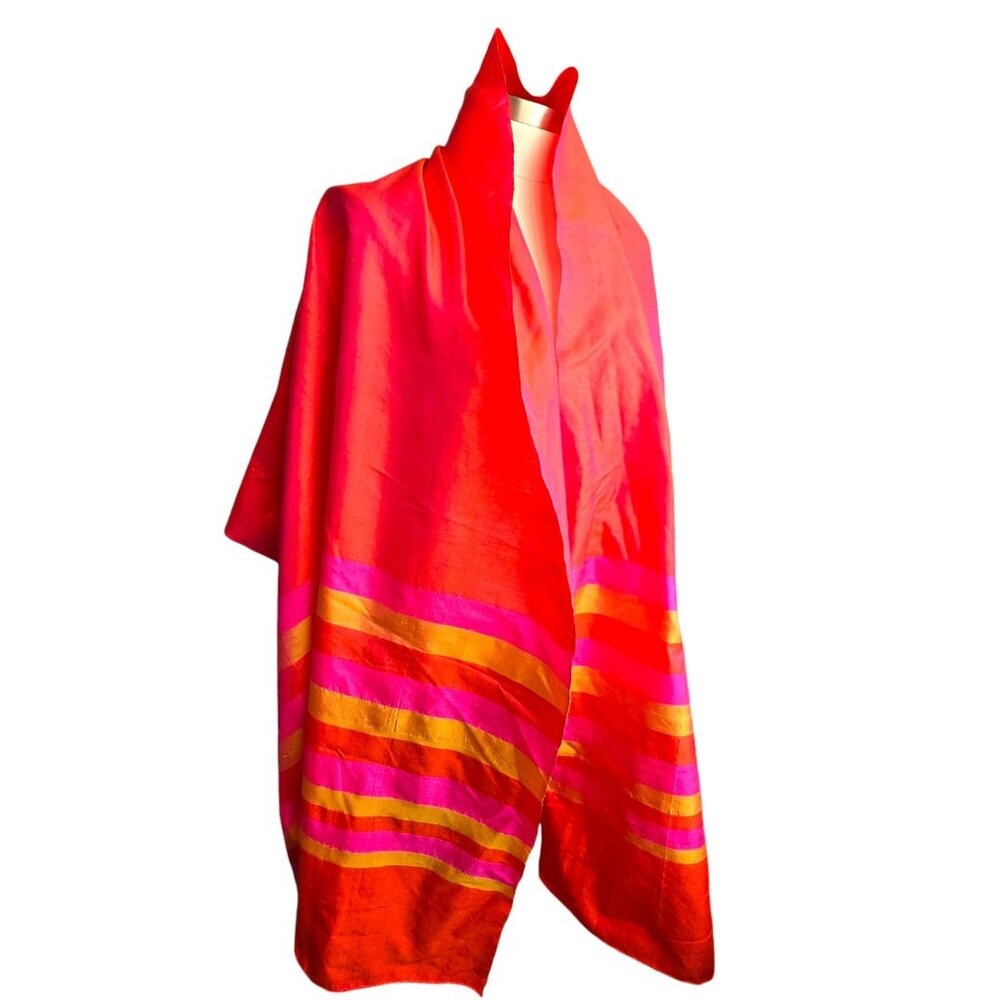 Vintage Pink Orange Handwoven Raw Silk Scarf/Shawl With Fuchsia Stripes HS242 - Picture 3 of 10